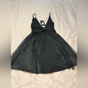 Black Tulle Fit-and-Flare Spaghetti Strap Dress